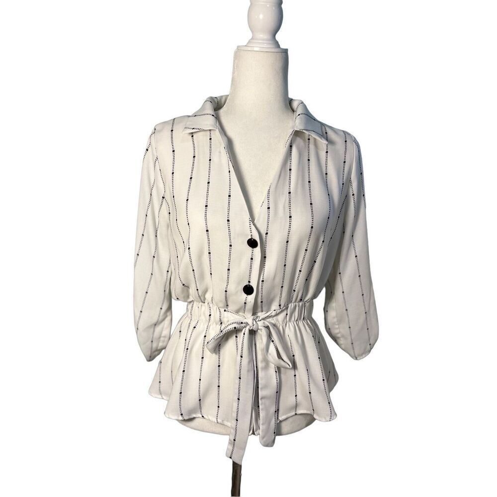 Sweet Rain white and black striped v-neck button up blouse with cinched waist -